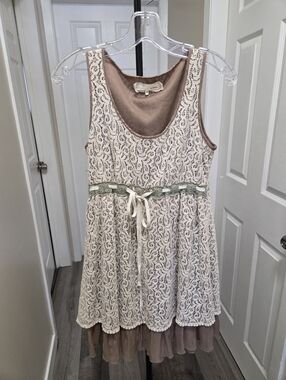 Areve 100% Cotton Lace Overlay Dress with Taupe Lining and Green Waist Trim